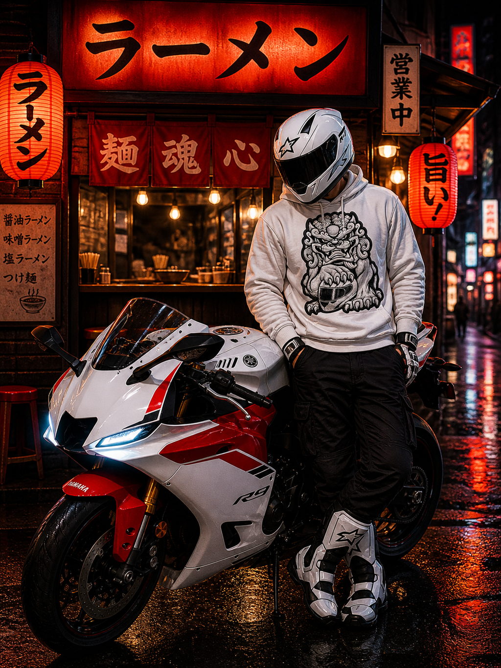 Sportbike Motorcycle Komainu Helmet Double Print Hoodie